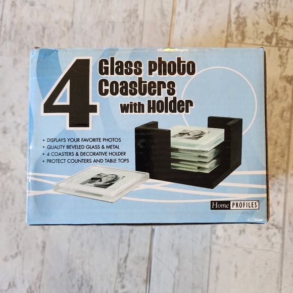 4 glass photo coasters with holder NWT - Picture 5 of 7